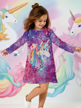 1pc Girls Young Girl Cute Casual Colorful Unicorn & Heart Digital Print Long Sleeve Dress For Everyday Wear